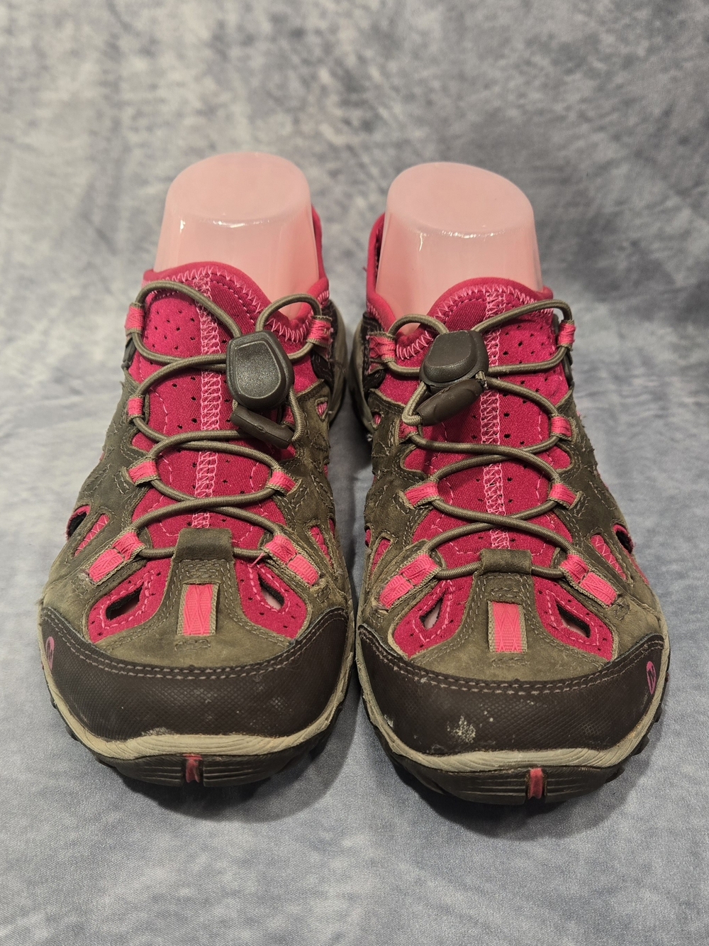 women's Merrell All Out Blaze Sieve hiking water shoes in the Boulder/Fuchsia